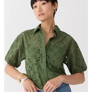 J. Crew Olive Green Eyelet Button Down Shirt Size 6 Short Sleeve Cotton Blouse